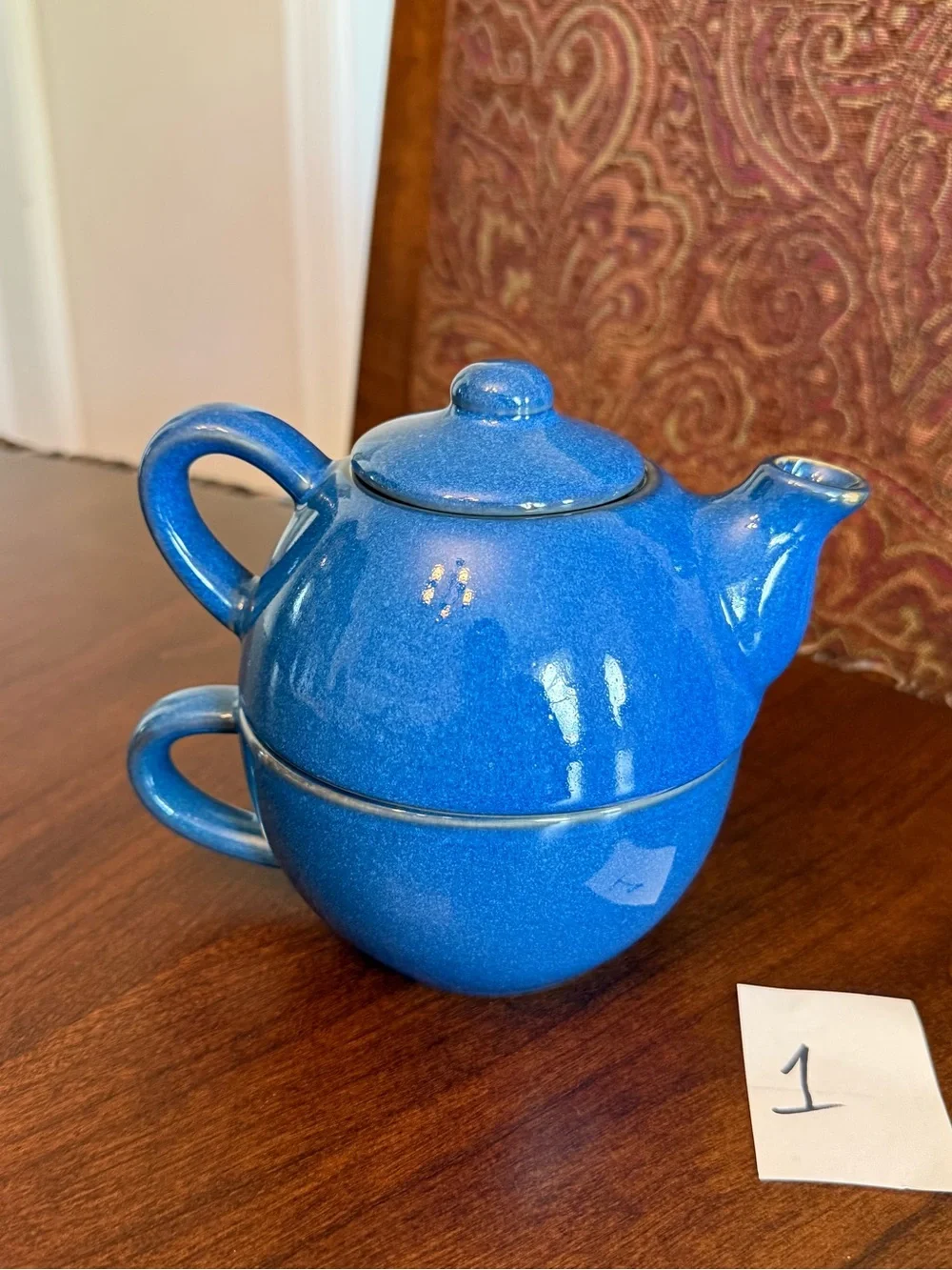 Pier 1 Blue Stoneware Tea for One Stackable 3-Piece Set with Teapot, Lid and Cup